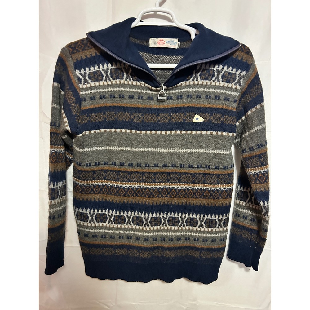 Monte Carlo Collection 80's Mens Pure New Wool Fair Isle Quarter Zip Sweater